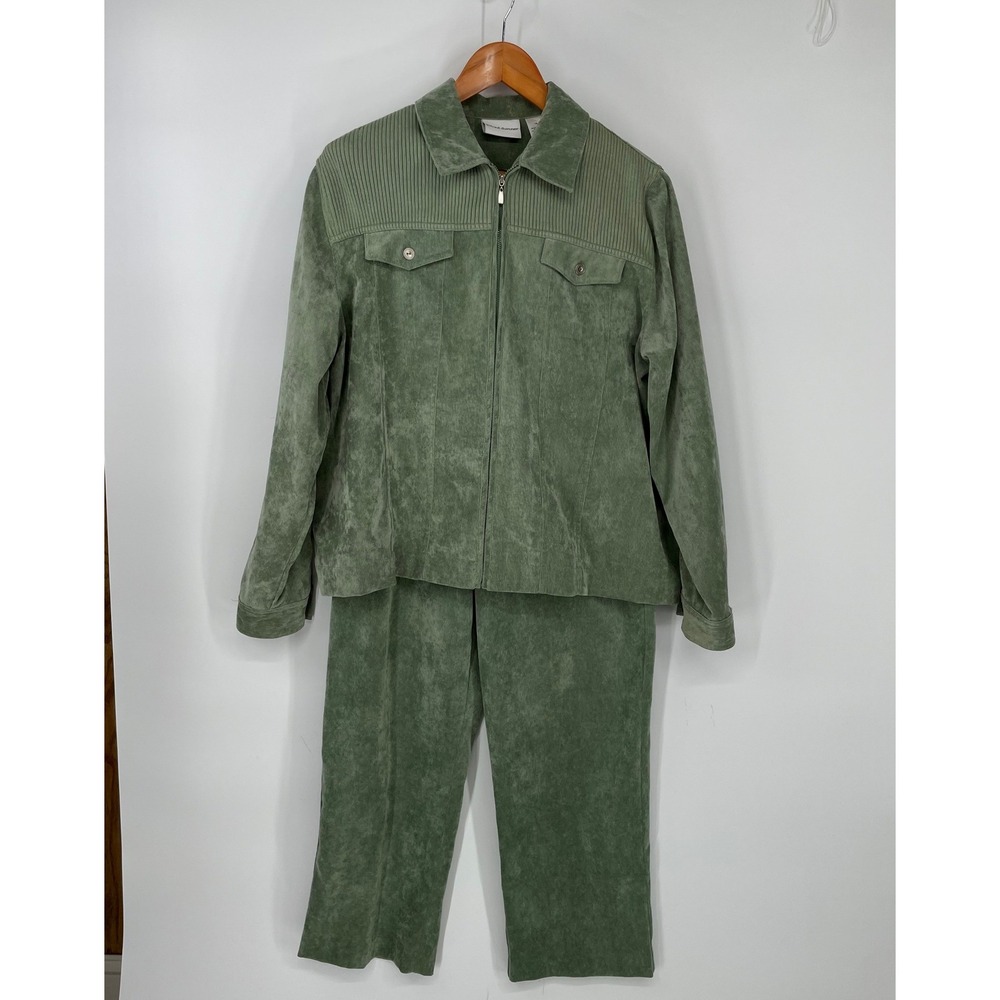Alfred Dunner Womens Pant 2 PC Set 14 Zip Up Sage Green Corduroy Grandmacore